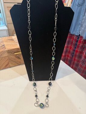 Silver Chain Necklace with Blue-Black Beads